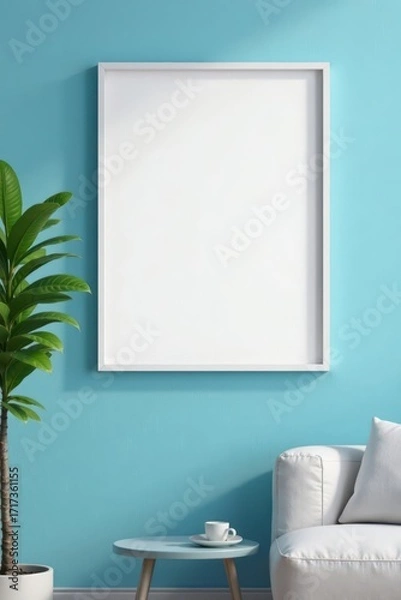 Fototapeta Blank white frame against a serene blue wall, minimalist home decor, modern, stylish