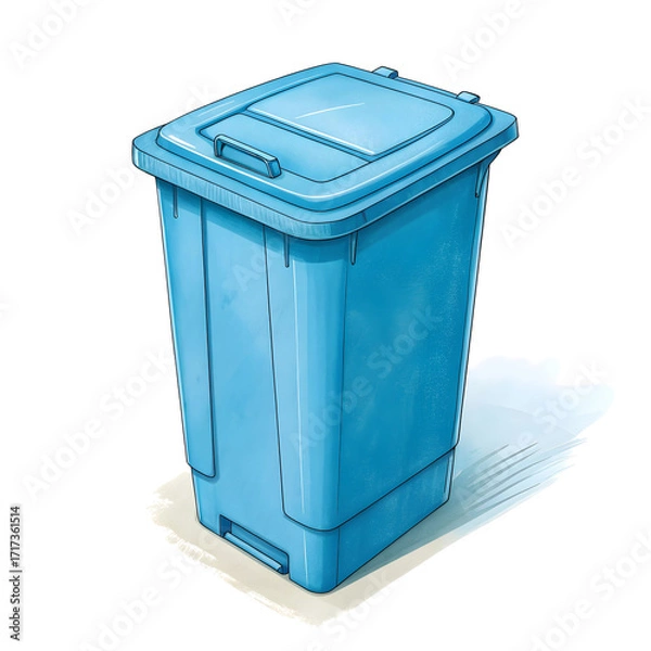 Fototapeta A plastic trash bin isolated on white background, designed for convenient waste disposal in homes, offices,