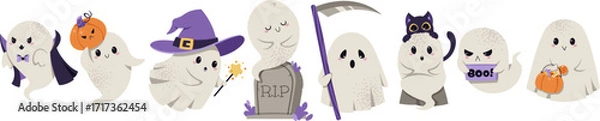 Fototapeta Cute Halloween Ghosts Collection Flat Vector Set. Spooky Characters with Vampire Cape, Witch Hat, Candy Bag, Tombstone, Black Cat and Scythe. Perfect for Stickers, Posters, Halloween Party Decor