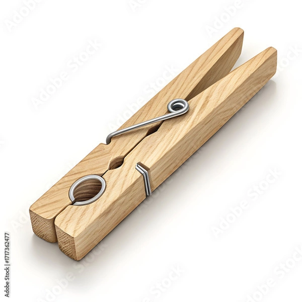 Fototapeta A wooden cloth peg isolated on white background, ideal for securely hanging clothes on a line for drying