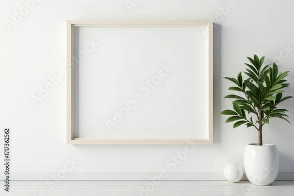 Fototapeta Blank white wood frame on white wall, minimalist style, interior, frame mockup, clean