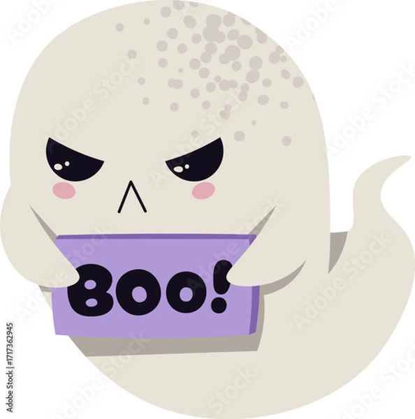 Fototapeta Cute Ghost with Boo Sign Flat Vector Illustration Isolated on White. Halloween Character for Humorous Cards, Party Decor, Social Media Stickers, Pranks. Playful Spooky Style.