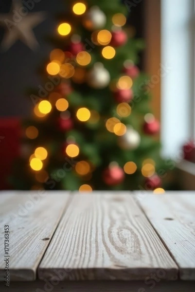 Fototapeta Blank white wooden table, blurred Christmas lights background, topview, tree, flatlay
