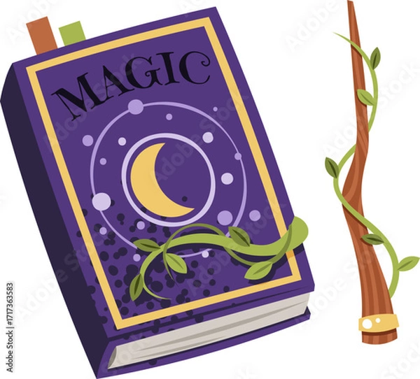 Fototapeta Magic Book and Wand Flat Vector Illustration Isolated on White Background. Witchcraft Spell Kit for Halloween Decor, Stickers, Logo Design, Mystical Branding and Fantasy Party Projects