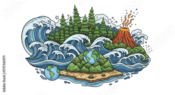 Fototapeta Illustration of an island with a volcano, forest, and earth globes surrounded by ocean waves created with generated ai