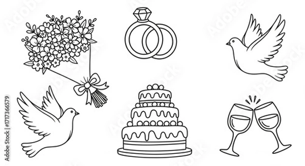 Fototapeta Wedding themed line art featuring flowers, rings, doves, cake, and toasting glasses in black and white created with generated ai