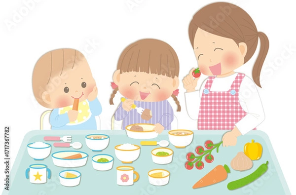 Obraz 食育_笑顔でトマトを持つ保育士と給食を食べる園児たち