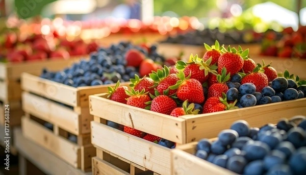 Fototapeta Close-up of wooden crates overflowing with fresh, vibrant strawberries and blueberries at an outdoor market, bathed in natural sunlight