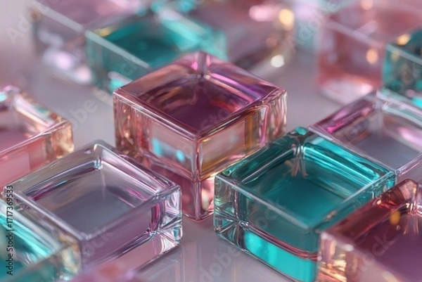 Fototapeta A close-up view of translucent cubes, filled with vibrant hues, showcases a geometric design, a modern aesthetic, and a sense of elegance.
