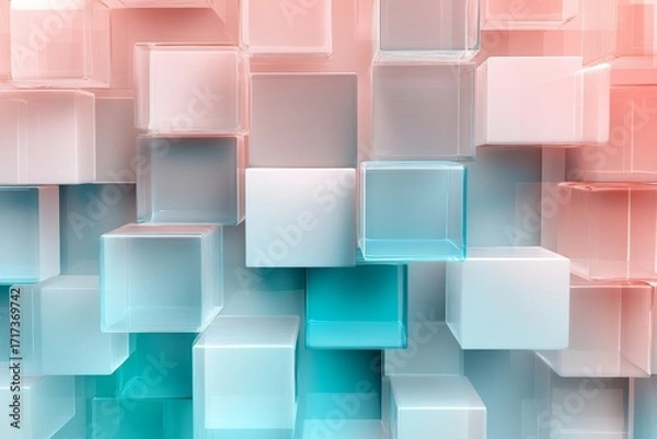 Fototapeta A three-dimensional composition of translucent cubes in soft, pastel colors creates a visually engaging abstract design.