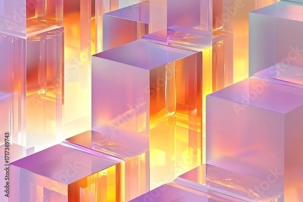 Fototapeta A vibrant display of translucent cubes, illuminated with warm, glowing light, creating a dynamic and captivating visual.