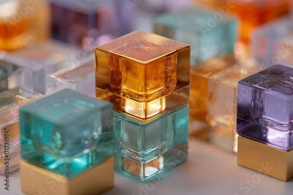 Fototapeta A collection of colorful, cubic perfume bottles displays a variety of shades and textures, showcasing a sophisticated and elegant aesthetic.