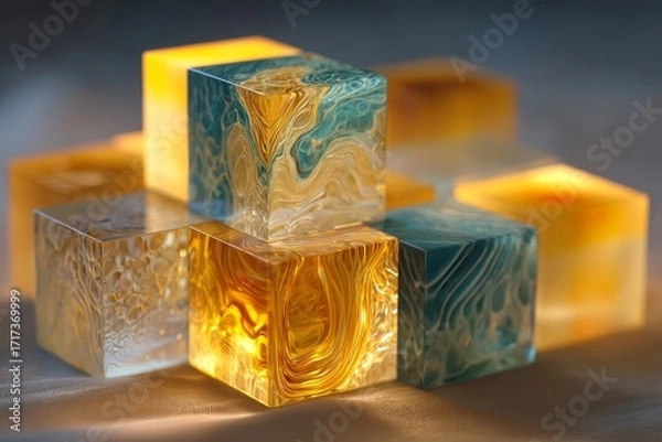 Fototapeta A close-up view of stacked, translucent cubes, showcasing intricate patterns of amber and teal.