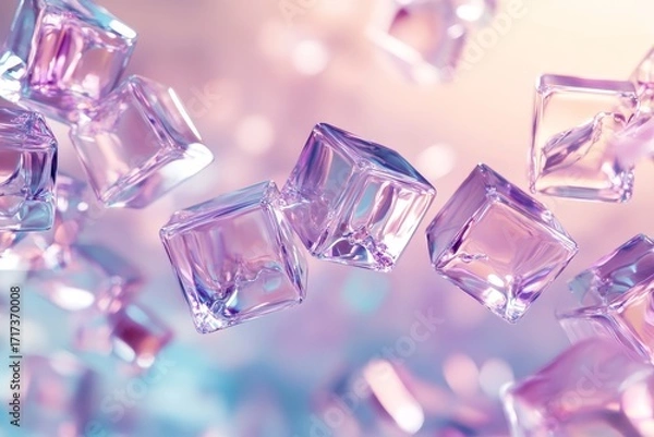 Fototapeta A multitude of vibrant, translucent ice cubes float in a soft, pastel-colored background.