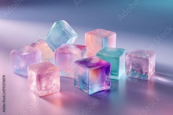 Fototapeta A collection of vibrant, translucent ice cubes displays a spectrum of pastel hues in a soft, diffused light.