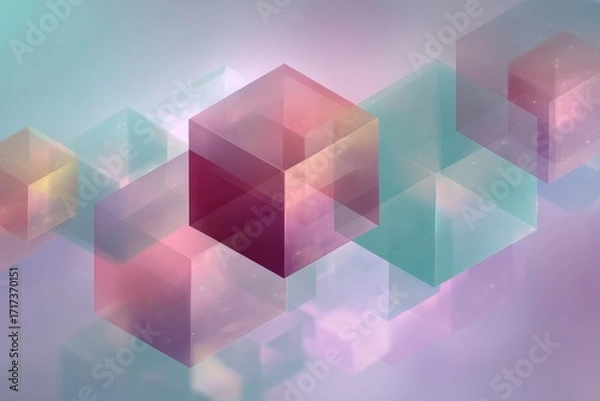 Fototapeta Abstract design featuring overlapping translucent cubes in pastel colors, creating a soft and ethereal mood.