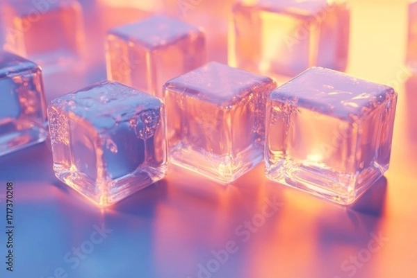 Fototapeta Close-up view of multiple clear ice cubes, bathed in warm, vibrant lighting, showcasing their delicate texture and transparency.