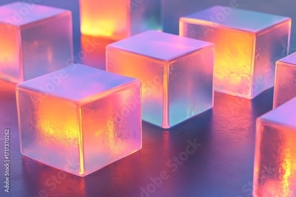 Fototapeta A vibrant array of glowing cubes, showcasing a dynamic interplay of translucent hues.