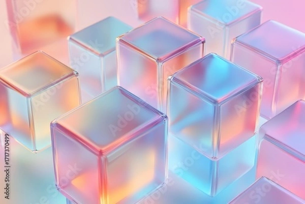 Fototapeta A collection of translucent cubes in pastel shades, creating a soft and ethereal visual display.