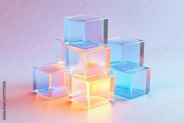 Fototapeta Stacked translucent cubes in pastel hues, illuminated by soft light, creating a vibrant and modern design.
