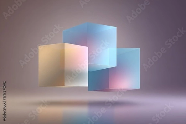 Fototapeta Three translucent cubes in soft pastel hues overlap and float against a muted backdrop, creating a serene and abstract composition.