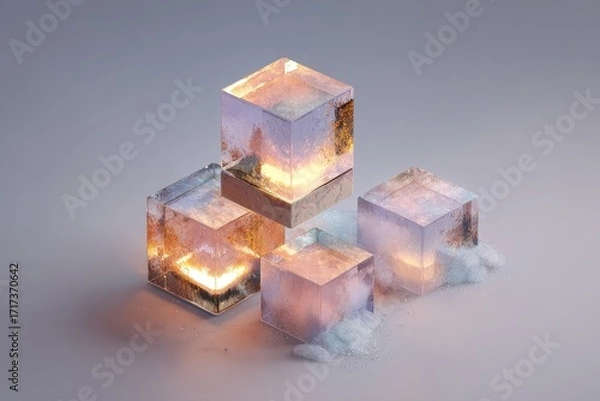 Fototapeta Four translucent cube-shaped objects, seemingly ice or crystal, with warm interior glows, arranged in a minimalist display against a light gray background.