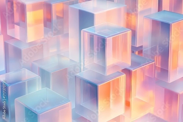 Fototapeta A vibrant arrangement of translucent cubes in soft pastel hues, showcasing a dynamic and abstract geometric pattern.