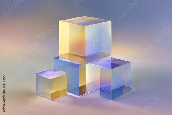 Fototapeta Translucent cubes in pastel hues, arranged in a  stacked geometric composition, showcasing a soft and vibrant interplay of colors.