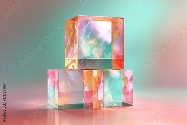 Fototapeta Two translucent, colorful cubes stacked, showcasing vibrant hues against a soft, pastel backdrop.