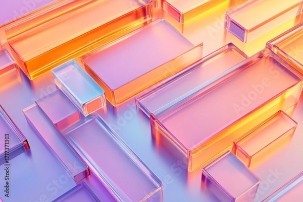 Fototapeta Abstract geometric composition of translucent rectangular prisms in vibrant, gradient colors.