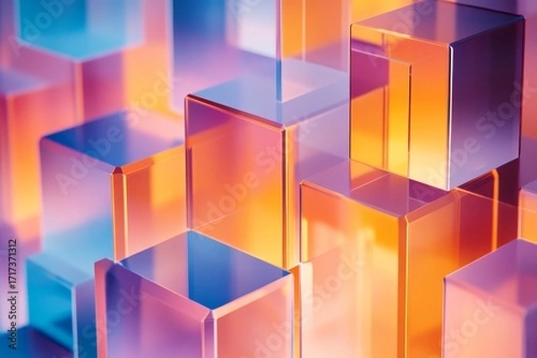 Fototapeta A vibrant arrangement of translucent cubes in a gradient of warm and cool hues, exhibiting a dynamic interplay of shapes and colors.