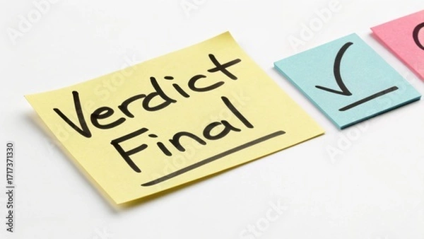 Obraz Final Verdict Note on Sticky Paper with Checkmark and Colorful Background for Legal Decisions and Conclusions Visual Representation