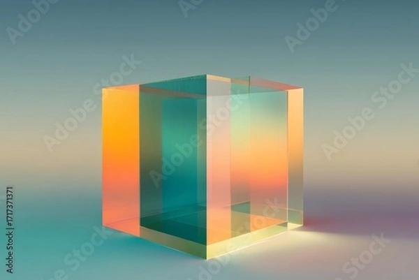 Fototapeta A translucent, multicolored cube stands against a soft, gradient backdrop, showcasing vibrant hues of orange, teal, and gold.