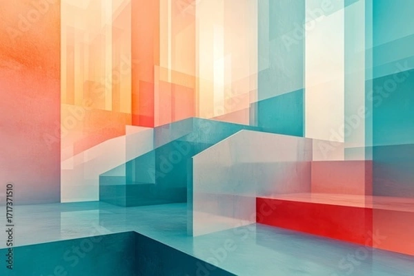 Fototapeta A vibrant, abstract architectural scene showcases layered geometric forms in soft, warm tones, and cool, translucent colors.