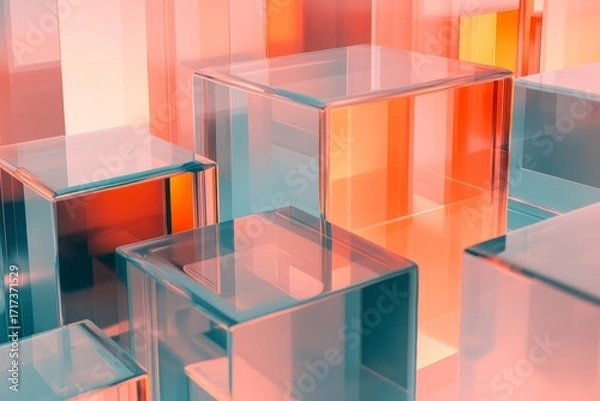 Fototapeta Transparent, multifaceted cubes in vibrant hues create a dynamic display of geometric forms.
