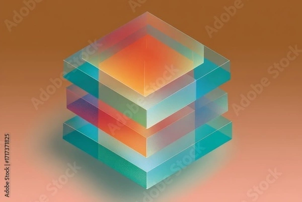 Fototapeta A layered, geometric design featuring translucent cubes in vibrant, overlapping colors against a warm, gradient background.