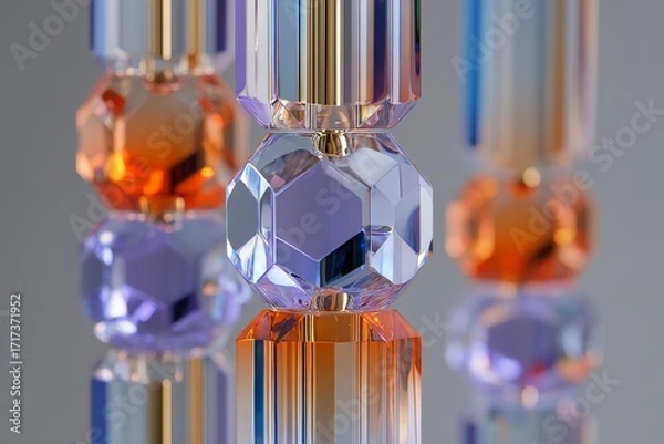 Fototapeta Close-up view of multifaceted crystal structures in vibrant hues of orange and purple, showcasing a modern and elegant design.