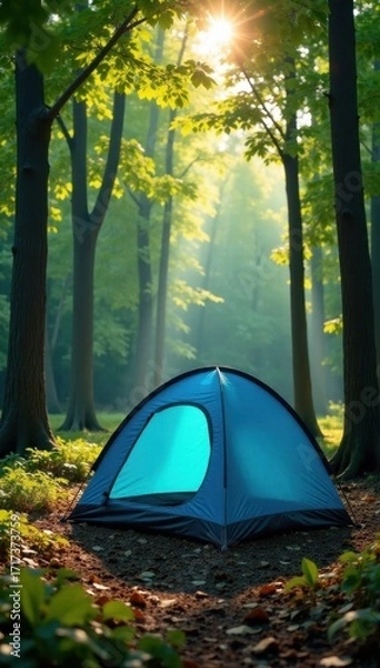 Fototapeta Bright blue tent pitched under dappled sunlight in a vibrant summer forest , visual, wild
