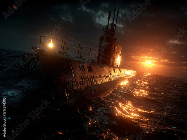 Fototapeta a submarine submerged underwater, with its bow slightly tilted upward. The submarine has several lights on, and the water around it appears to be illuminated, suggesting it may be operating in a dimly