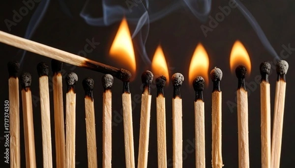 Fototapeta Close-up of wooden matches, some lit, one igniting others, against a dark backdrop. Smoke rises from burning heads