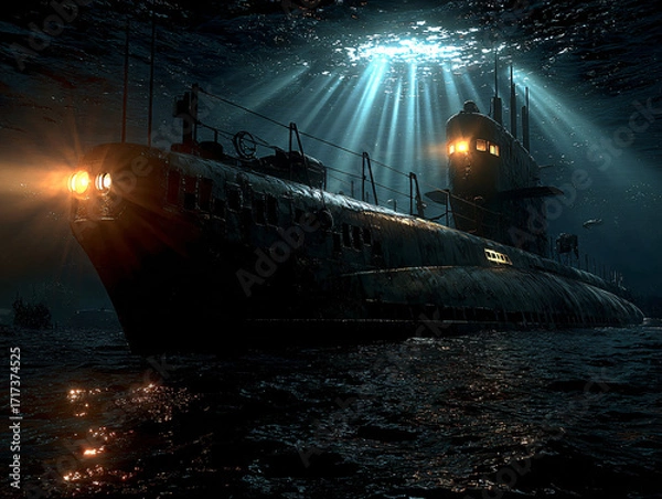 Fototapeta a submarine submerged underwater, with its bow slightly tilted upward. The submarine has several lights on, and the water around it appears to be illuminated, suggesting it may be operating in a dimly