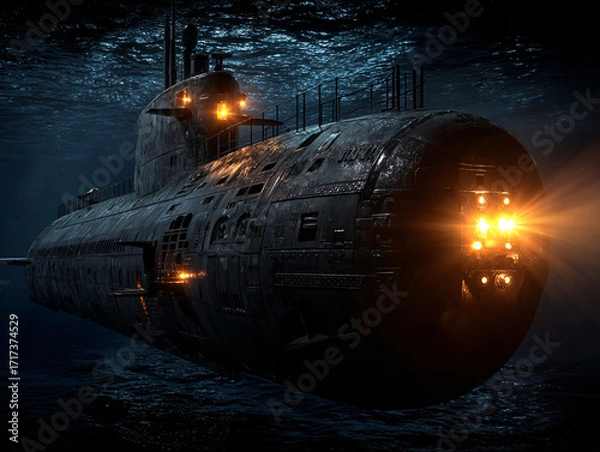 Fototapeta a submarine submerged underwater, with its bow slightly tilted upward. The submarine has several lights on, and the water around it appears to be illuminated, suggesting it may be operating in a dimly