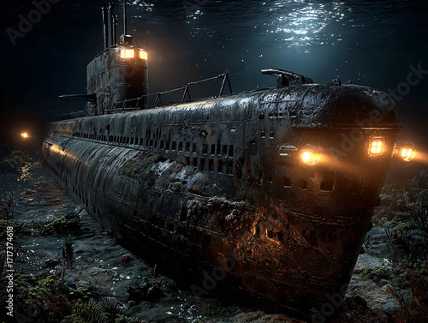 Fototapeta a submarine submerged underwater, with its bow slightly tilted upward. The submarine has several lights on, and the water around it appears to be illuminated, suggesting it may be operating in a dimly