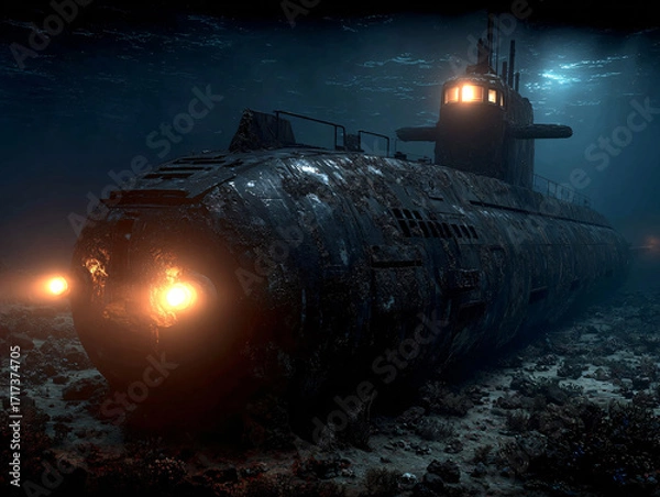 Fototapeta a submarine submerged underwater, with its bow slightly tilted upward. The submarine has several lights on, and the water around it appears to be illuminated, suggesting it may be operating in a dimly