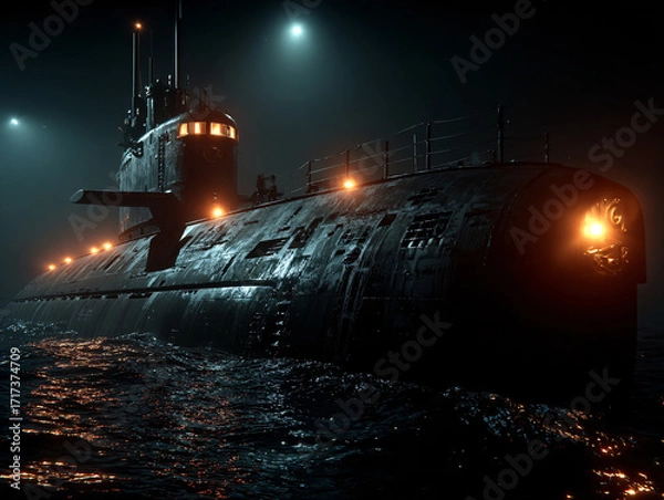 Fototapeta a submarine submerged underwater, with its bow slightly tilted upward. The submarine has several lights on, and the water around it appears to be illuminated, suggesting it may be operating in a dimly