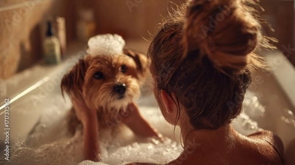 Fototapeta Medium shot, from behind, of a woman washing her small, happy dog in a bathtub filled with bubbles. Her hair is tied up in a messy bun, focused on the task. 