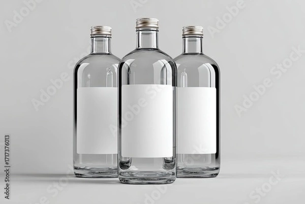Fototapeta Three clear glass bottles, each with a blank rectangular label, sit on a light gray surface