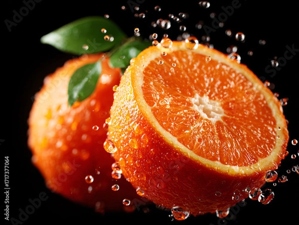 Fototapeta whole orange and a sliced orange with water droplets on them. The background is dark and out of focus, emphasizing the oranges.