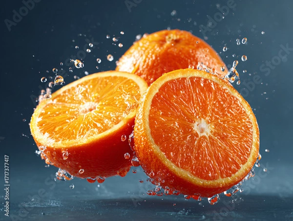 Fototapeta whole orange and a sliced orange with water droplets on them. The background is dark and out of focus, emphasizing the oranges.