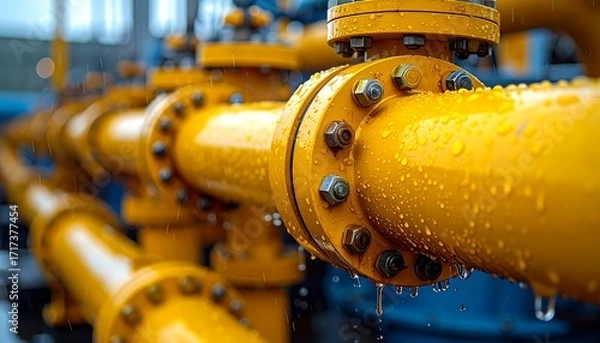 Fototapeta Close-up of yellow industrial piping with flanges and bolts, glistening with raindrops, a complex network blurred in the background